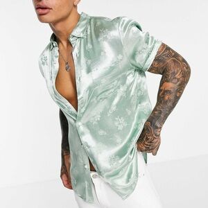 ASOS DESIGN button down shirt in mint green | satin jacquard | M | NEW